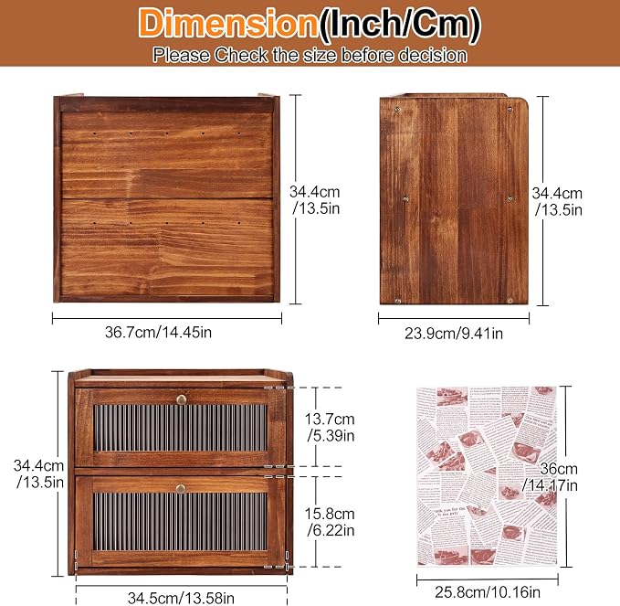 Alpeir Wooden Bread Box for Kitchen Countertop, Large Double Layer, Brown | Food-Safe Pine Wood, Double-Row Ventilation, Strong Acrylic Window, Raised Top Shelf, Easy Care, Farmhouse Corner Container - Image 3