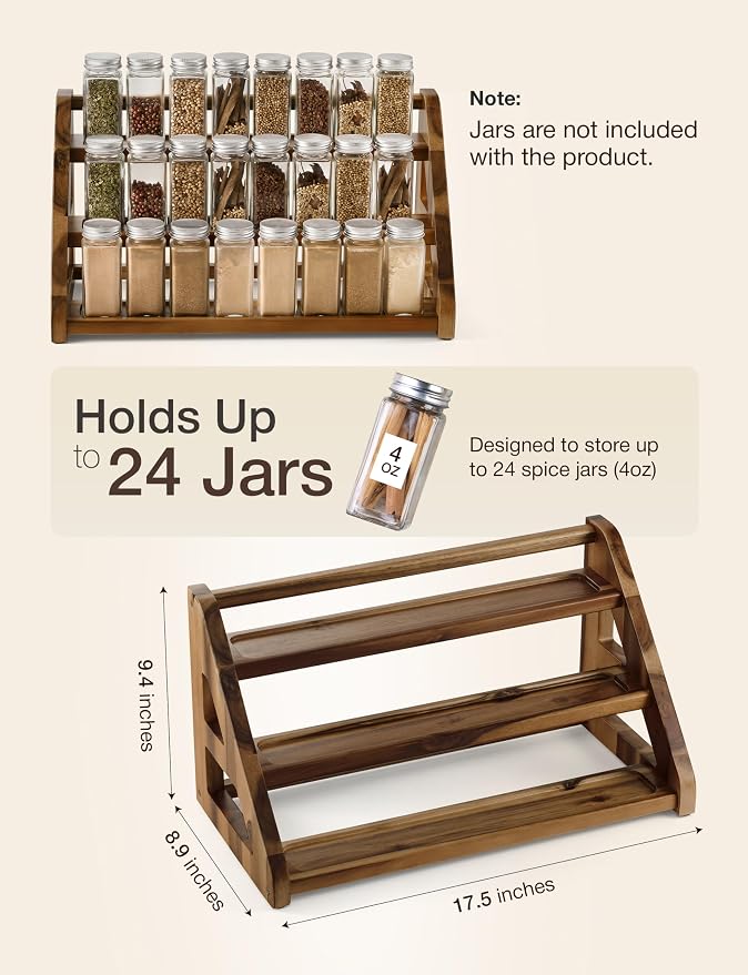 Tinamo Acacia Wood Spice Rack, 3-Tier Spice Rack Organizer for Countertop | Solid Acacia Wood, 3-tier Spacious Design for 24 Spice Jars, Cutout Grooves for Secure Storage, Easy Assembly, Walnut Finish - Image 2