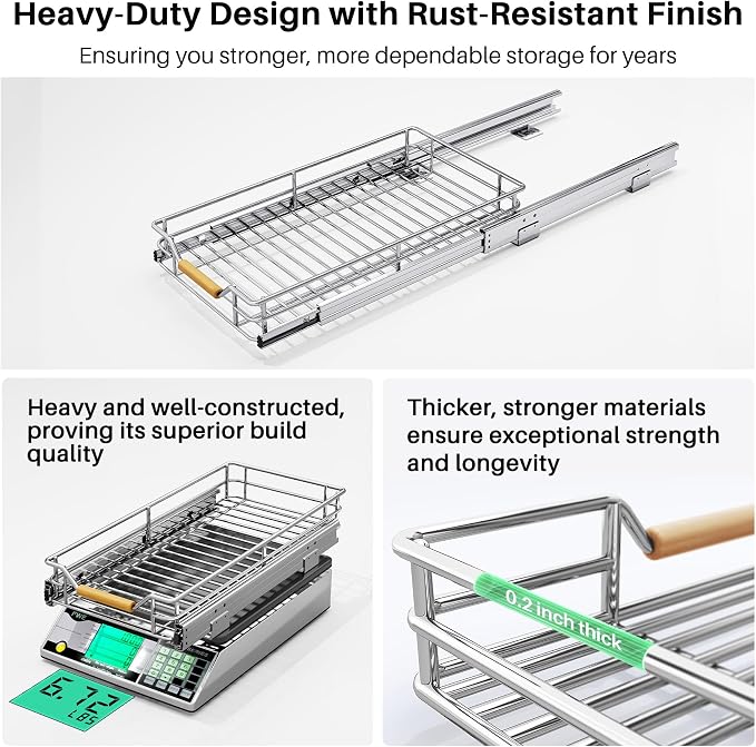Pull out Cabinet Organizer, 11"W X 21"D, Heavy Duty Smooth Sliding Under Cabinet Shelves for Pots and Pans, Full-Extension Roll out Drawers, Slide out Organization for Home Kitchen Pantry - Image 6