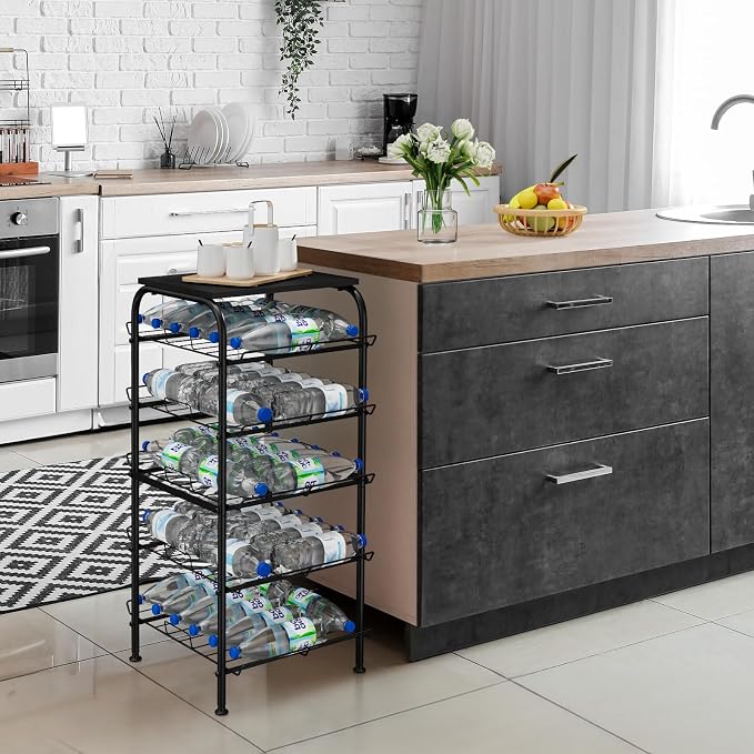Vrisa 5 Tier Water Bottle Storage Rack Vertical Freestanding Bottled Water Organizer Large Capacity Beverage Drink Soda Can Holder Stand for Kitchen Pantry Home Party Food Storage, Black - Image 4