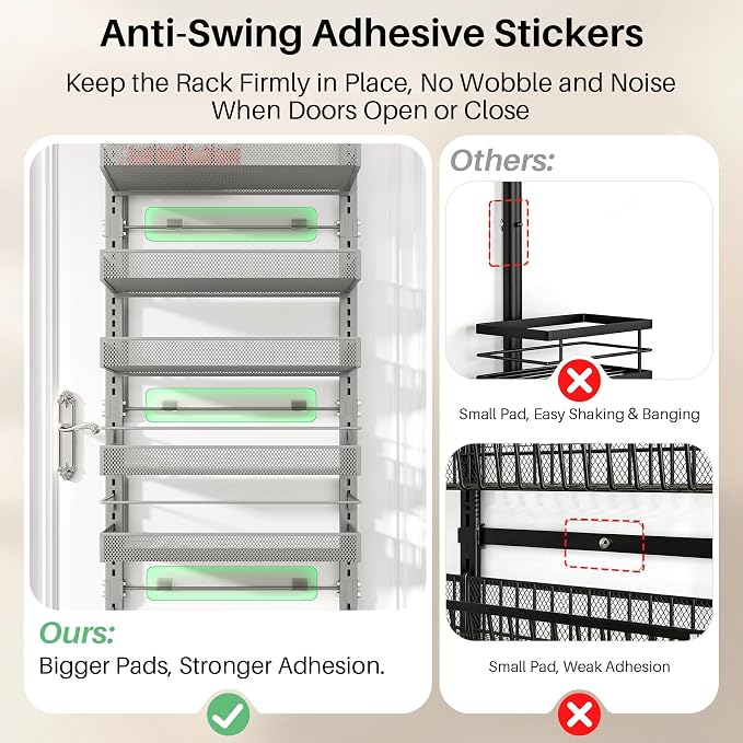 SNTD 8 Tiers Over the Door Organizer, 17" W x 6" D x 69" H, Grey | Pantry Door Organizers and Storage, Height Adjustable Spice Rack, Dense Mesh Baskets, Anti-Swing, Adjustable Door Fastener - Image 6