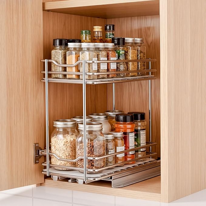 VEVOR Pull Out Spice Rack Organizer for Cabinet, 2 Tier Slide Out Spice Rack Organizer, Heavy Duty Metal Seasoning Kitchen Basket for Inside Cabinets & Pantry Closet, 4.33"W x 8.46"D x 10.43"H, Silver by VEVOR