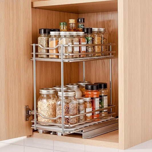 VEVOR Pull Out Spice Rack Organizer for Cabinet, 2 Tier Slide Out Spice Rack Organizer, Heavy Duty Metal Seasoning Kitchen Basket for Inside Cabinets & Pantry Closet, 4.33"W x 8.46"D x 10.43"H, Silver by VEVOR