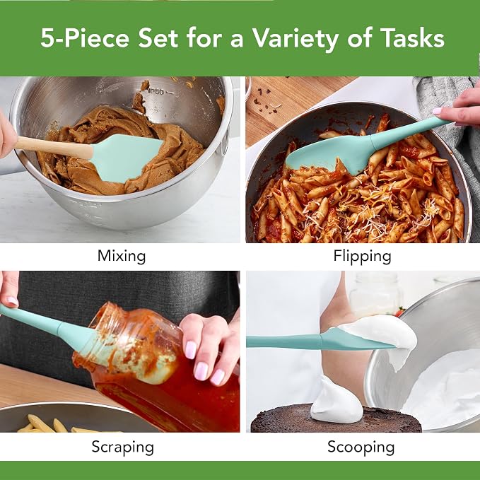 Tovolo Flex Core 5 Piece Silicone Spatula Set Heat Resistant All Silicone Utensils Include Non Stick Spatula Spoonula Jar Scraper, Dishwasher Safe Spatulas for Baking Mixing, Aqua Seafoam Green - Image 2