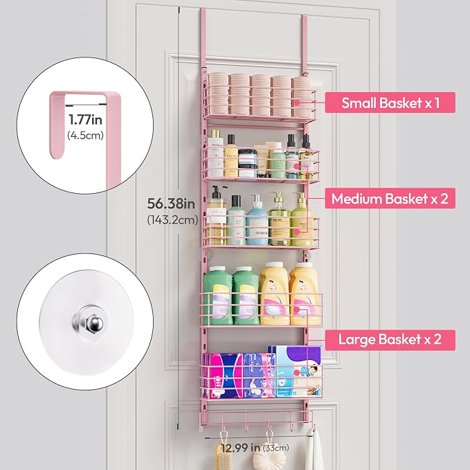 SWTYMIKI Over The Door Organizer - Door Organizer Hanging with 5 Adjustable Metal Large Capacity Basket and 6 Coat Hook, Wall Mounted Shelf for Bedroom Closet Bathroom Laundry Pantry Cabinet Kitchen - Image 9