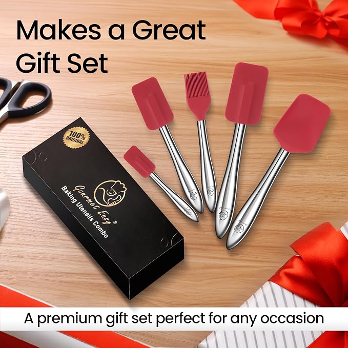 Gourmet Easy 5pcs Silicone Spatula Set with Stainless Steel Handles - Red | Heat-Resistant Silicone Protects Nonstick Cookware, Ergonomic Handles Offer Firm Control, Dishwasher Safe, 5-Year Warranty - Image 7