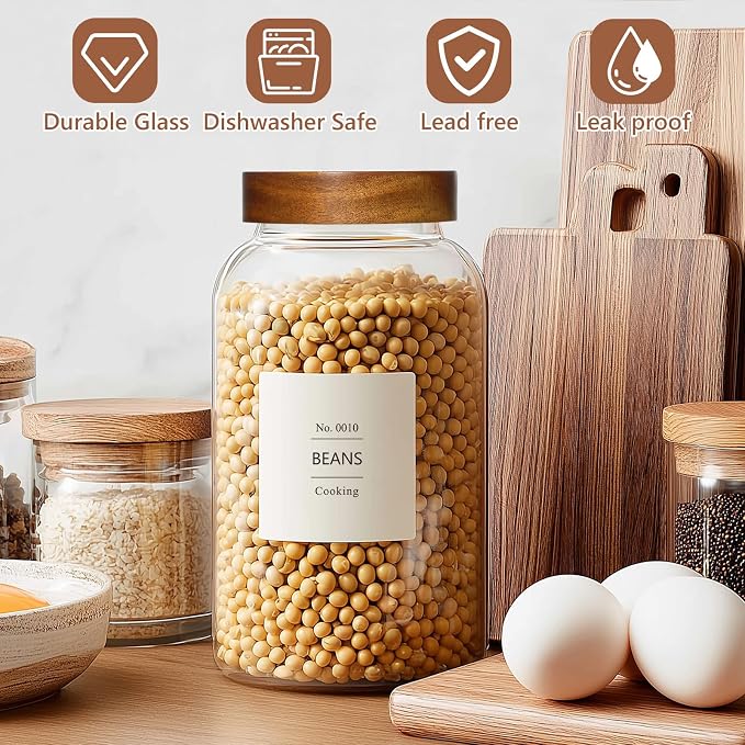 KEYWING 88oz Glass Jars w/Acacia Lids for Flour & Sugar Storage Containers | 3Pcs Large Airtight Food Storage Containers , Pantry Organizers for Rice, Pasta, Cereal, Cookies –88 fl.oz with 126 Labels - Image 6