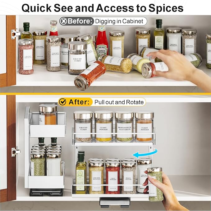 Vertical Spice Rack Pull Out - 2 Pack Spice Organizer for Cabinet | For Flat-Front Cabinets Only, Pull-Out Rotating Access, No-Drill Mount, Keeps Spices Visible Easy to Reach, Adjustable Height - Image 3