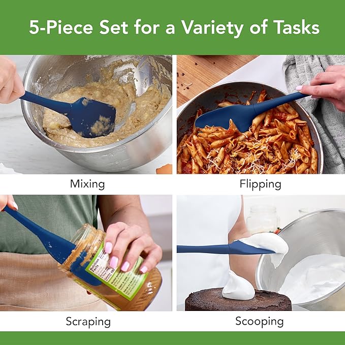 Tovolo Flex Core 5 Piece Silicone Spatula Set Heat Resistant All Silicone Utensils Include Non Stick Spatula Spoonula Jar Scraper, Dishwasher Safe BPA Free Spatulas for Baking Mixing, Deep Indigo - Image 2