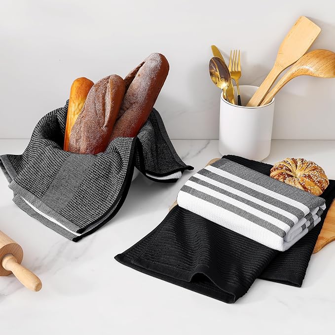 Homaxy Cotton 380 GSM Premium Kitchen Towels, 18"x 28", 6 Pack, Black | Soft and Absorbent Terry Dish Towels, Multipurpose Tea Towel Set with Hanging Loop, 3 Styles Kitchen Hand Towels - Image 6