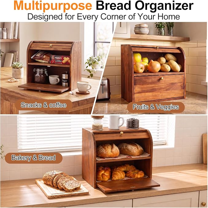 Alpeir Roll Top Bread Box with Cutting Board for Kitchen Countertop, Brown | Large Breadbox with Ventilation Holes, Double Layer Pantry Shelf, Wooden Homemade Bread Storage Container, Vintage Farmhouse - Image 8