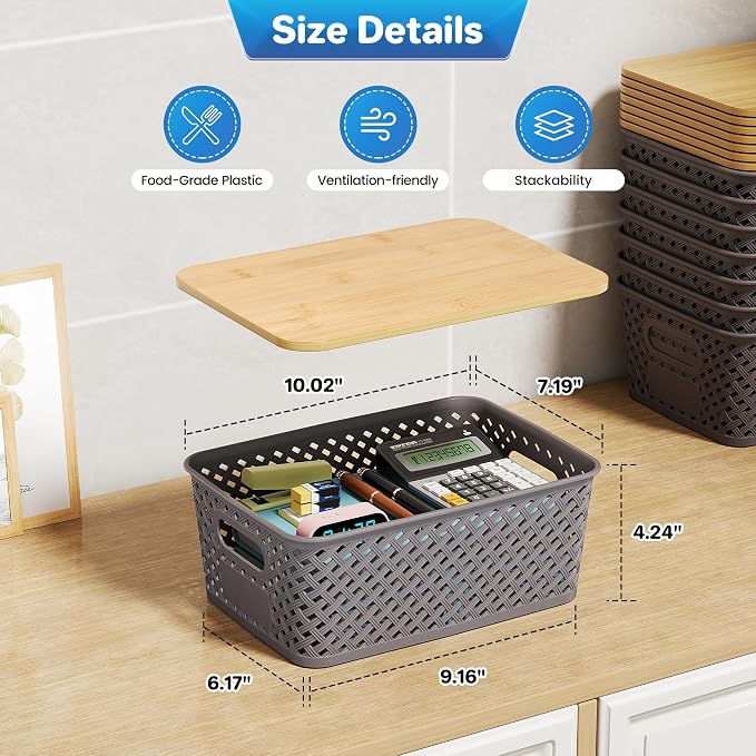 Anysig 8 Pack Plastic Storage Bins with Bamboo Lids, 5.2 QT Stackable Bins | Decorative Small Storage Basket Containers for Organizing Shelves Office Classroom Desktop Closet, Grey - Image 2