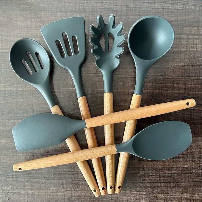 Kitchen Cooking Utensils Set, 6Pcs Silicone Kitchen Utensils Set Spatula Spoon Soup Ladle Turner, Heat Resistant Wooden Handle Silicone Cooking Gadgets for Nonstick Cookware & Baking BPA FREE - Image 6