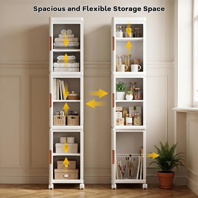 3-Tier Tall Narrow Plastic Storage Cabinet of 2, Foldable | Rolling Organizer with Lid,Doors,Stackable, Adjustable Shelves, Durable PP,Freestanding Bathroom Cabinet for Small Slim Space - Image 5