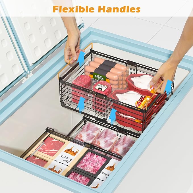 NADAMOO Expandable Chest Freezer Organizer, Stackable Wire Baskets | Adjustable 11-17.3 Inches, Heavy Duty 35 lbs Capacity, Foldable Handles, 360° Airflow, Fits 5-20 Cu Ft Models, 4 Pack - Image 5