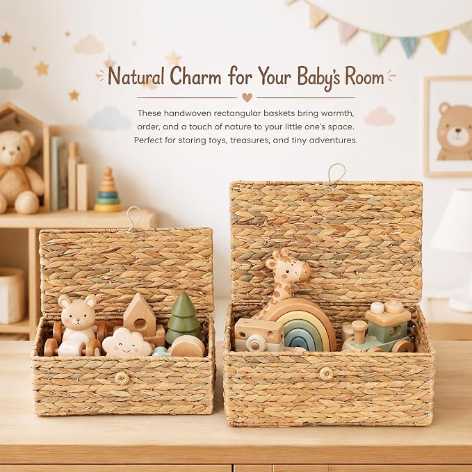 LUSYDECO Set of 3 Wicker Storage Baskets with Lid, Large Rectangular Rattan Basket Decorative Boxes, Natural Water Hyacinth Wicker Basket for Shelf Organizer, Nursery Room - Image 7