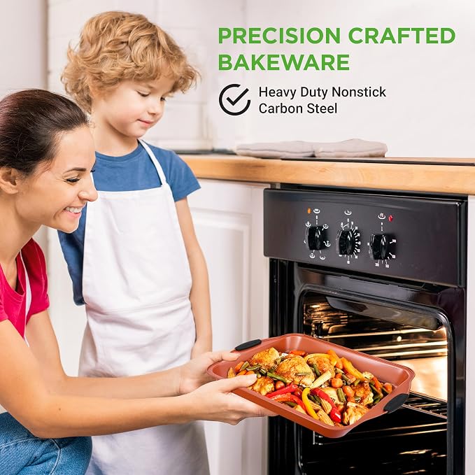NutriChef 8 Piece Baking Pans Set - Nonstick Carbon Steel Bakeware Set w/ Silicone Heat-Safe Handles - Includes Loaf Pan, Muffin Pan, Cookie Sheets, Pizza Crisper, Roasting Pans - Rose Gold - Image 6