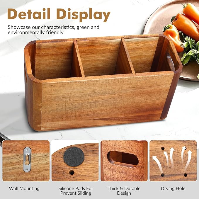 Kitchen Utensil Holder for Counter or Countertop, Extra Large Acacia Wood Organizer with 3 Compartments, Wooden Storage for Cooking and Silverware, Rustic Minimalist Decor, Sturdy Utensil Crock - Image 5