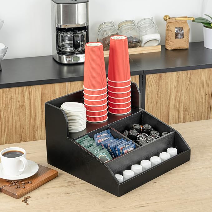 Restaurantware Coffee Cup Organizer 15 x 14.25 x 9.25 Inch Multipurpose Bamboo Condiment Holder Black Countertop Cup and Lid Organizer for Coffee Shops and Office Break Rooms - Image 6