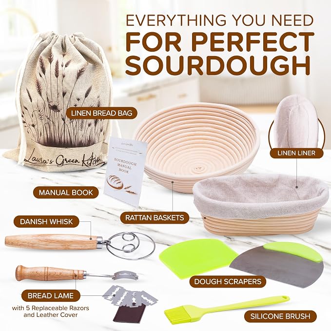 Laura's Green Kitchen Complete Sourdough Starter Kit – Sourdough Bread Baking Supplies with 2 Banneton Bread Proofing Basket, Linen Liners, Bread Lame, 5 Bread Blade for Scoring Dough, Scraper & More - Image 2
