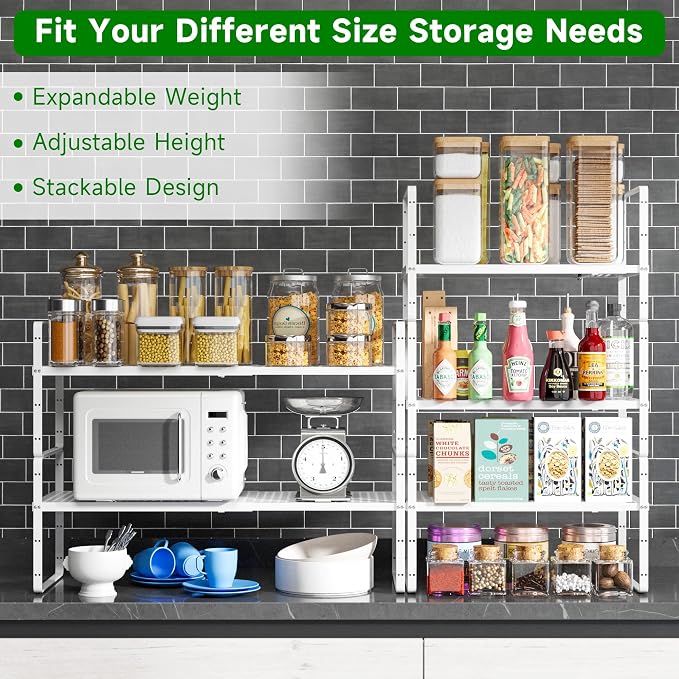 Expandable Kitchen Cabinet Shelf Organizer Rack, 16.5"-27" L x 8" W | Heavy-Duty Metal Expandable Shelf Holds 80 lb with 4 Height Levels for Kitchen Cabinet Cupboard Pantry Dish Mug - Image 3