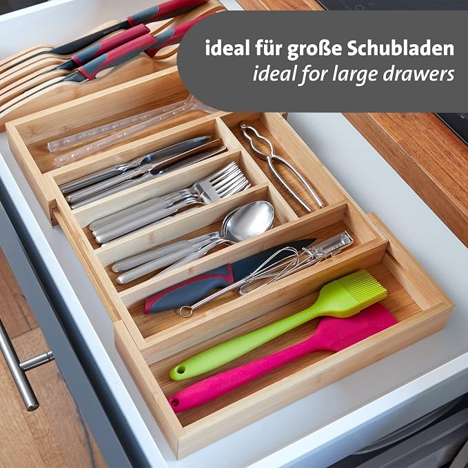 Westmark Cutlery Tray - Extendable Drawer Insert for Cutlery and Cooking Utensils, Practical Organiser for Common Drawers, 5 or 7 Compartments - Bamboo, 29-48 cm - Image 3