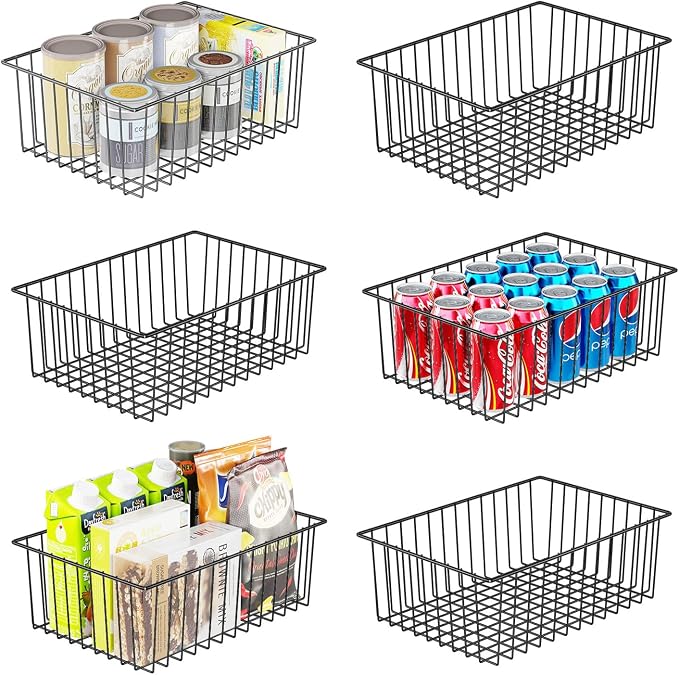 Simple Trending 6 Pack Large Metal Wire Baskets for Storage, Black | Organization, Metal Pantry Storage, For Cabinet, Kitchen, Garage, Bathroom, 16"D x 10.75"W x 4.75"H by SimpleTrending