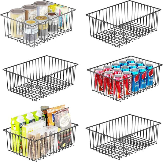 Simple Trending 6 Pack Large Metal Wire Baskets for Storage, Black | Organization, Metal Pantry Storage, For Cabinet, Kitchen, Garage, Bathroom, 16"D x 10.75"W x 4.75"H by SimpleTrending