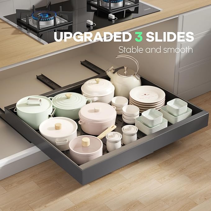 Seinloes 4 Pack Pull out Cabinet Organizer 21" Deep With Raising Pad for Framed Cabinets,Expandable (15.2"-26.3"W) Slide out Drawers for Kitchen Cabinets with 4pcs Divider Racks,Roll out Shelves,Black - Image 4