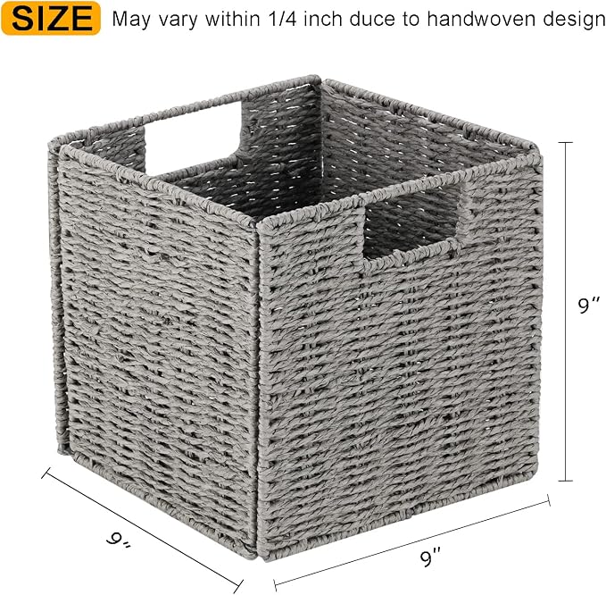 Storage Basket, Set of 2 Hand-Woven Paper Rope Wicker Baskets for Storage, Foldable Cube Storage Bins Organizer, 9 inch Medium Wicker Storage Baskets for Shelves Pantry Organizing Decor, Grey - Image 2