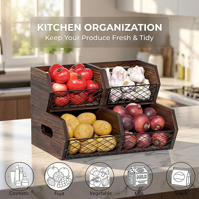 Wood Potato and Onion Storage Bins, Stackable Pantry Organizer, Rustic Produce Storage Baskets for Vegetable, Fruit and Snack - Image 2