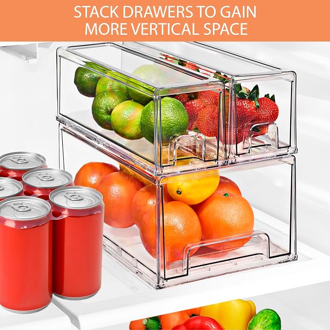 Sorbus Fridge Drawers - Clear Stackable Pull Out Refrigerator Organizer Bins - Food Storage Containers for Kitchen, Freezer, Vanity & Fridge (3 Pack | 1 Large, 2 Small Stackable Drawer Bins) - Image 7