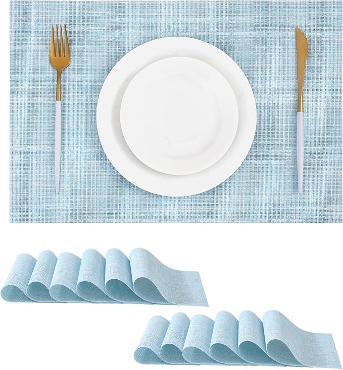 Leetaltree Soft Sky Blue Woven Placemats Set of 12 - Heat Resistant Non-Slip Place mats for Dining Table, Washable Durable PVC Vinyl Woven Table Mats(Sky Blue, 12) by Leetaltree-ArtatEveryTable