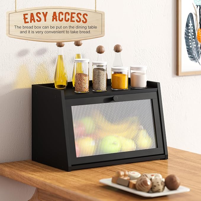 GHWIE Large Bread Box, Easy Access & Cleaning - Bamboo Bread Box for Kitchen Countertop with Acrylic Door (Black, Medium) - Image 5