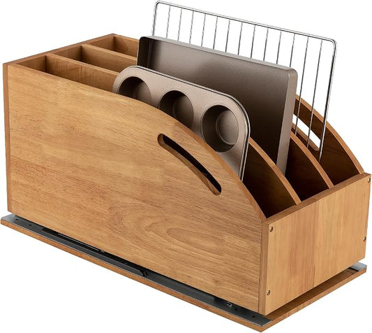 DINDON Pull Out Cabinet Organizer for Pans, Pot lid, Cookie Sheet, Cutting Board, Baking Tray, Slide Out Kitchen Cabinet Storage Organizer, 10.5''W X 21"D X 10.6"H, Wood by DINDON