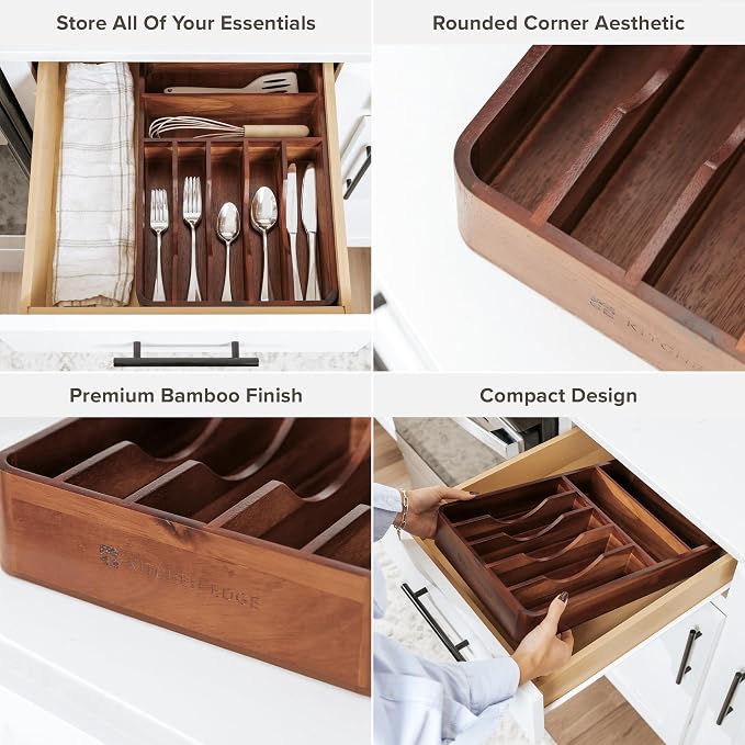 Silverware & Utensil Organizer, Fixed 10.5 in, Acacia | Cutlery, flatware holder, rounded corners, 7 compartments, non-slip feet, kitchen drawers - Image 4