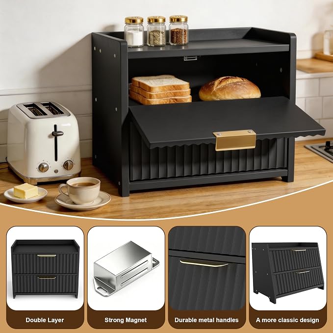 Large Bread Box for Kitchen Counter, Double Layer Wooden Bread Storage Container with Top Shelf, Countertop Organizer Cabinet for Bread, Bagels, Pastries, Coffee Station and Kitchen Essentials (Black) - Image 6