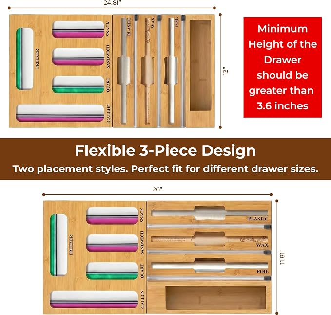 9-in-1 Bamboo Kitchen Drawer Organizer - Storage Bag Holder with Built-In Foil & Wrap Cutter Dispenser - Wooden Food Storage Bag Organizer for Gallon, Quart, Sandwich and Snack Sizes - Image 4