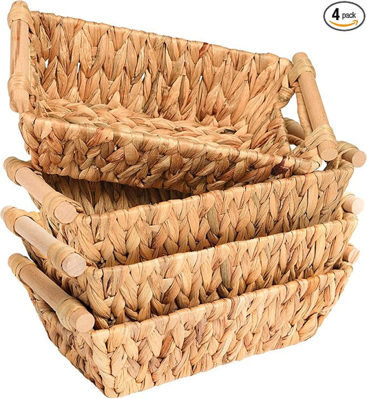Small Wicker Baskets for Organizing, Water Hyacinth Wicker Storage Basket with Handle, Pantry Baskets for Shelves, Toilet Tank Paper Basket, 4 Pack by OEHID