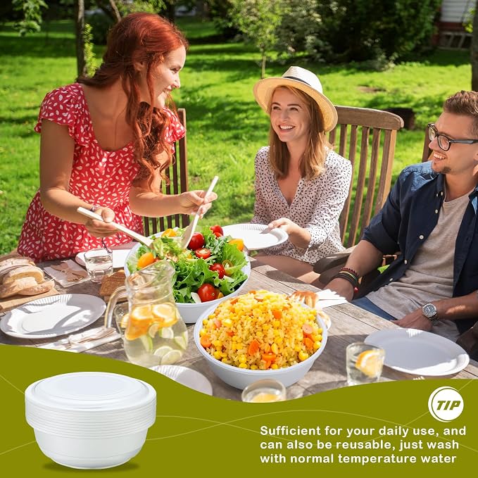 10 Pack 135 oz Large Plastic Serving Bowls with Lids Round Extra Large Disposable Salad Bowls Containers Chip Candy Dish for Salads and Snacks Party Picnic Buffet Eating(White) - Image 5