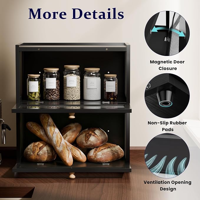 Stackable Bread Box for Kitchen Countertop, 2 Tier Bamboo Bread Storage Container Holder Bin for Baked Goods Snacks Farmhouse Breadbox with Acrylic Window for Pantry Cabinet Cupboard, Black - Image 7