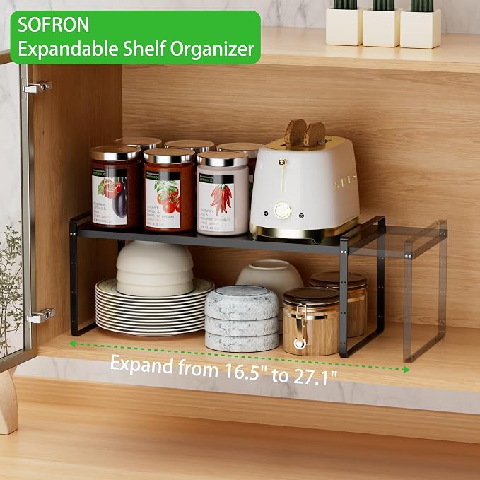 Expandable Cabinet Shelf, Stackable Organizer Rack, Black Large 2 PK | Adjustable Fit, Stackable Height Options, Nonslip Base, Larger Capacity, Cabinet/Pantry Organization - Image 5