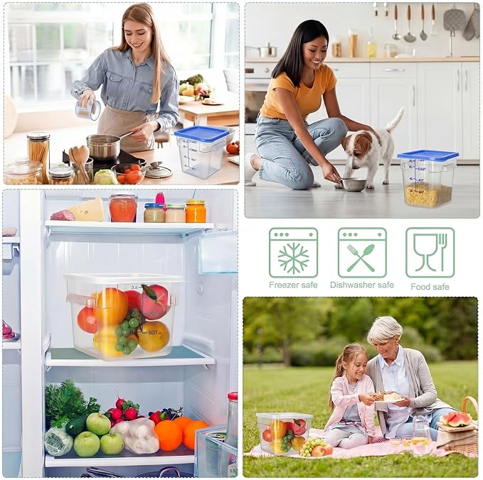 Lallisa 4 Pcs 8qt & 4qt Clear Food Storage Containers with Lids Handles and Scales, Stackable Plastic Square Food Storage Containers for Dough Proofing Baking Kitchen Restaurant(White, Blue) - Image 5
