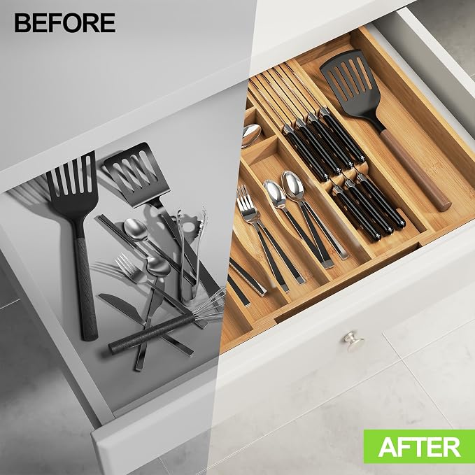Bamboo Kitchen Drawer Organizer, Expandable Silverware Organizer with Removable Knife Block, 6-8 Slots- Utensil Holder & Cutlery Tray Drawer Dividers, 2.36" Deep for Extra Capacity, Natural - Image 7
