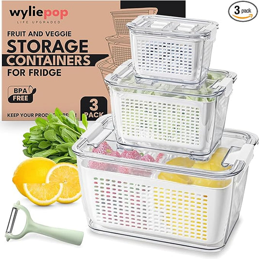 Premium Fruit Storage Containers for Fridge with Veggie Peeler – 3-in-1 Produce Containers for Fridge with Strainer & Removable Colander – Large, Clear Fruit and Vegetable Storage Organizer (Set of 3) by Wyliepop
