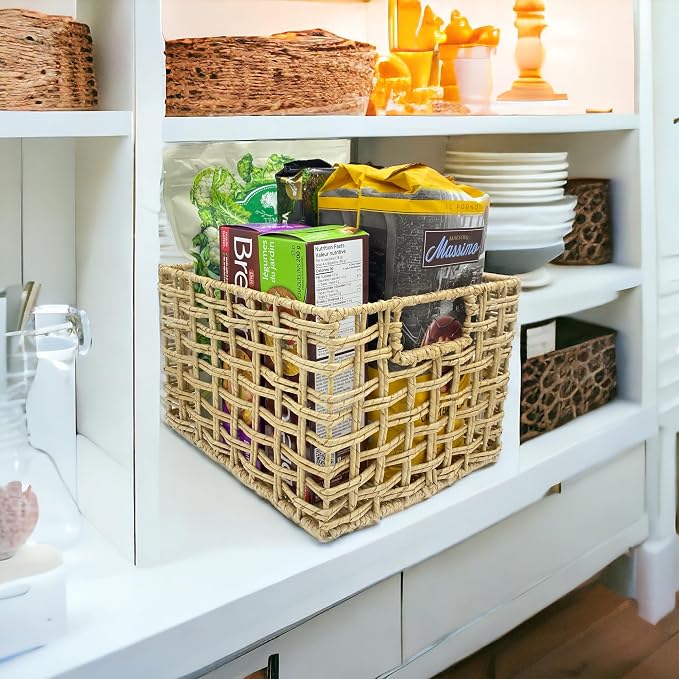 Handwoven Buri & Wicker Storage Baskets Set of 3 Open Weave, 12 x 10 x 8 In | Handwoven natural buri palm & wicker over sturdy iron frame, breathable storage for pantry shelve, toys towels & rustic décor - Image 2