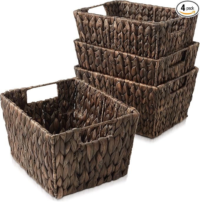 Casafield Set of 4 Water Hyacinth Storage Baskets with Handles - Espresso Brown, Woven Storage Bins for Shelves, Blankets, Laundry Organization by Casafield