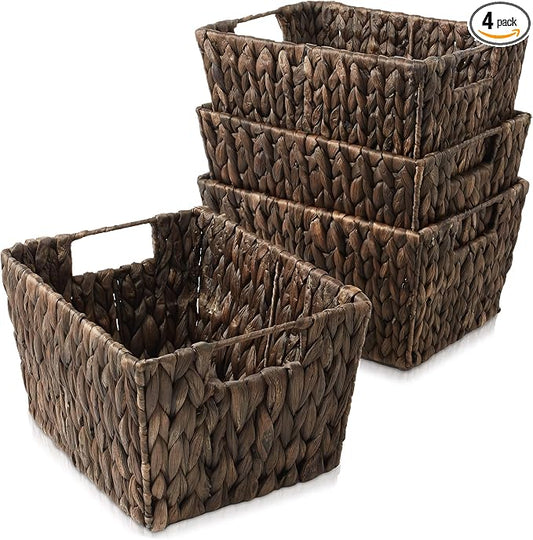 Casafield Set of 4 Water Hyacinth Storage Baskets with Handles - Espresso Brown, Woven Storage Bins for Shelves, Blankets, Laundry Organization by Casafield