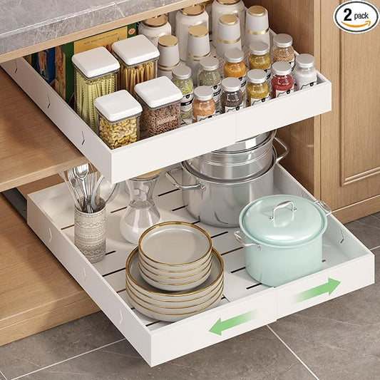 2-Pack-Expandable-Pull-Out-Cabinet-Organizers, No Drill Slide Out Drawers | Adjustable Pull Out Shelf With Raising Pad For Kitchen Framed Cabinet, Heavy Duty Sliding Roll Out Drawers Inside Cabinet by RUILALIFE
