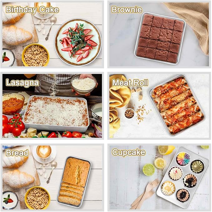 TeamFar Stainless Steel Bakeware Set of 8 | Baking Roasting Toaster Oven Pans, Lasagna/Square/Round Cake Pan, Loaf Pan & Muffin Pan, Non-Toxic & Sturdy, Dishwasher Safe - Image 3
